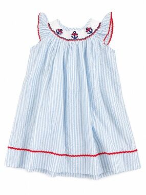 Adore me Kids Blue Striped Nautical Anchor Smocked Girls Dress